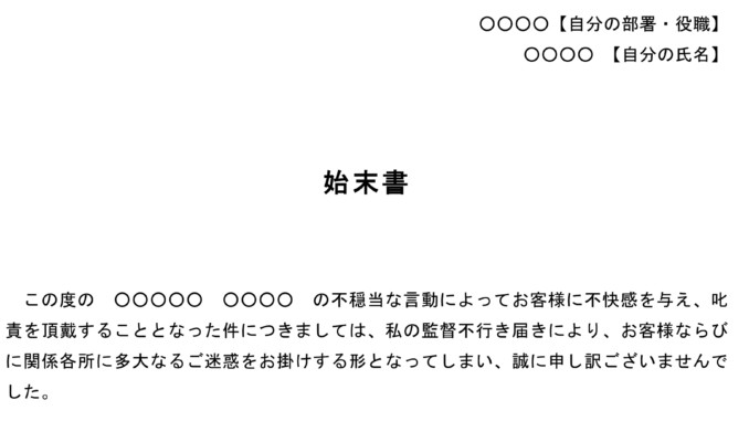 始末書(お客様からのクレーム) 始末書(お客様からのクレーム)
