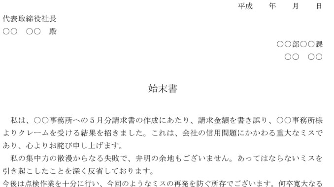 始末書(注文金額の誤記) 始末書(注文金額の誤記)