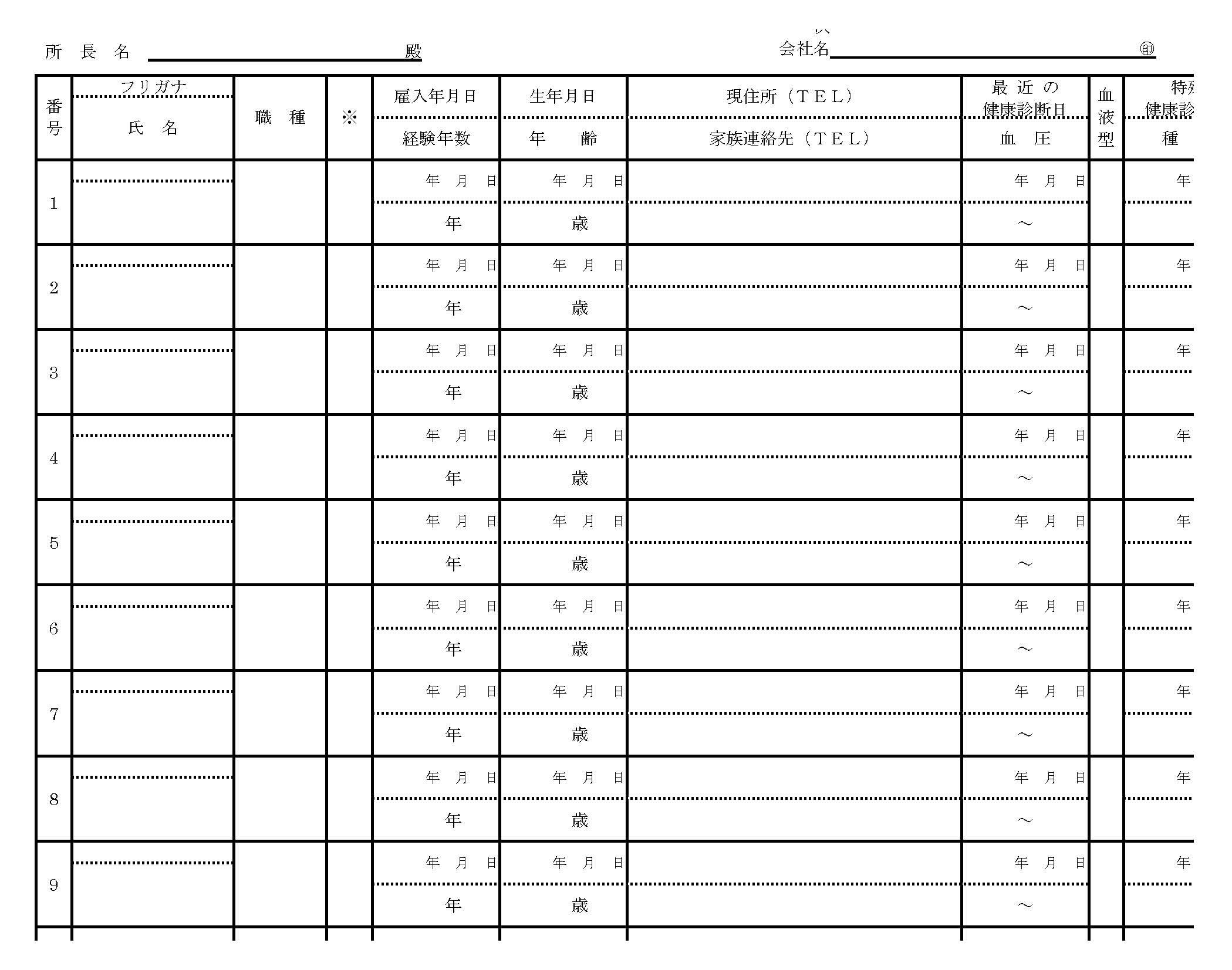 作業員名簿の書式テンプレート Word ワード テンプレート フリーbiz