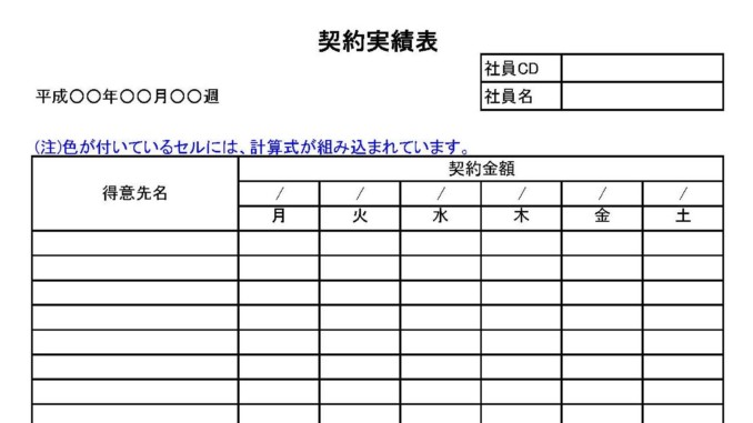 契約実績表の書式テンプレート Excel エクセル テンプレート フリーbiz