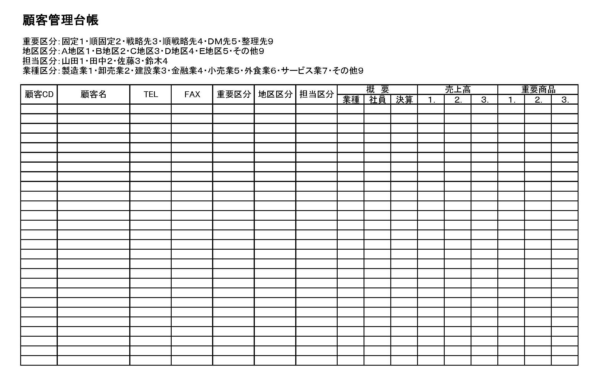 顧客管理台帳の書式テンプレート Excel エクセル テンプレート フリーbiz