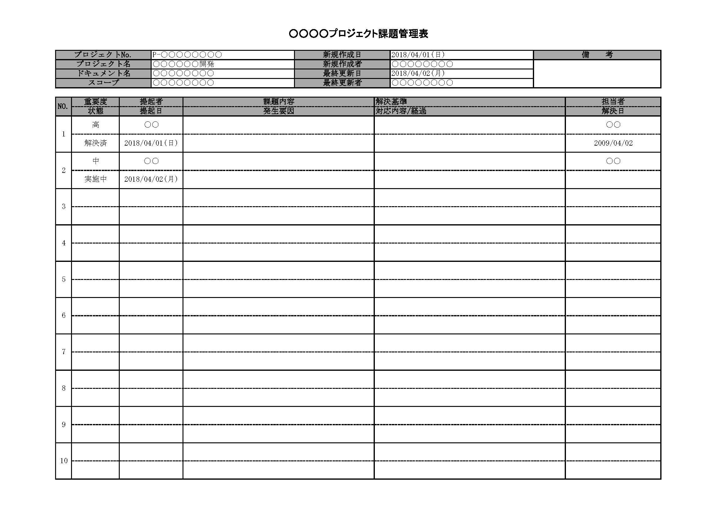 課題管理表の書式テンプレート（Excel・エクセル）