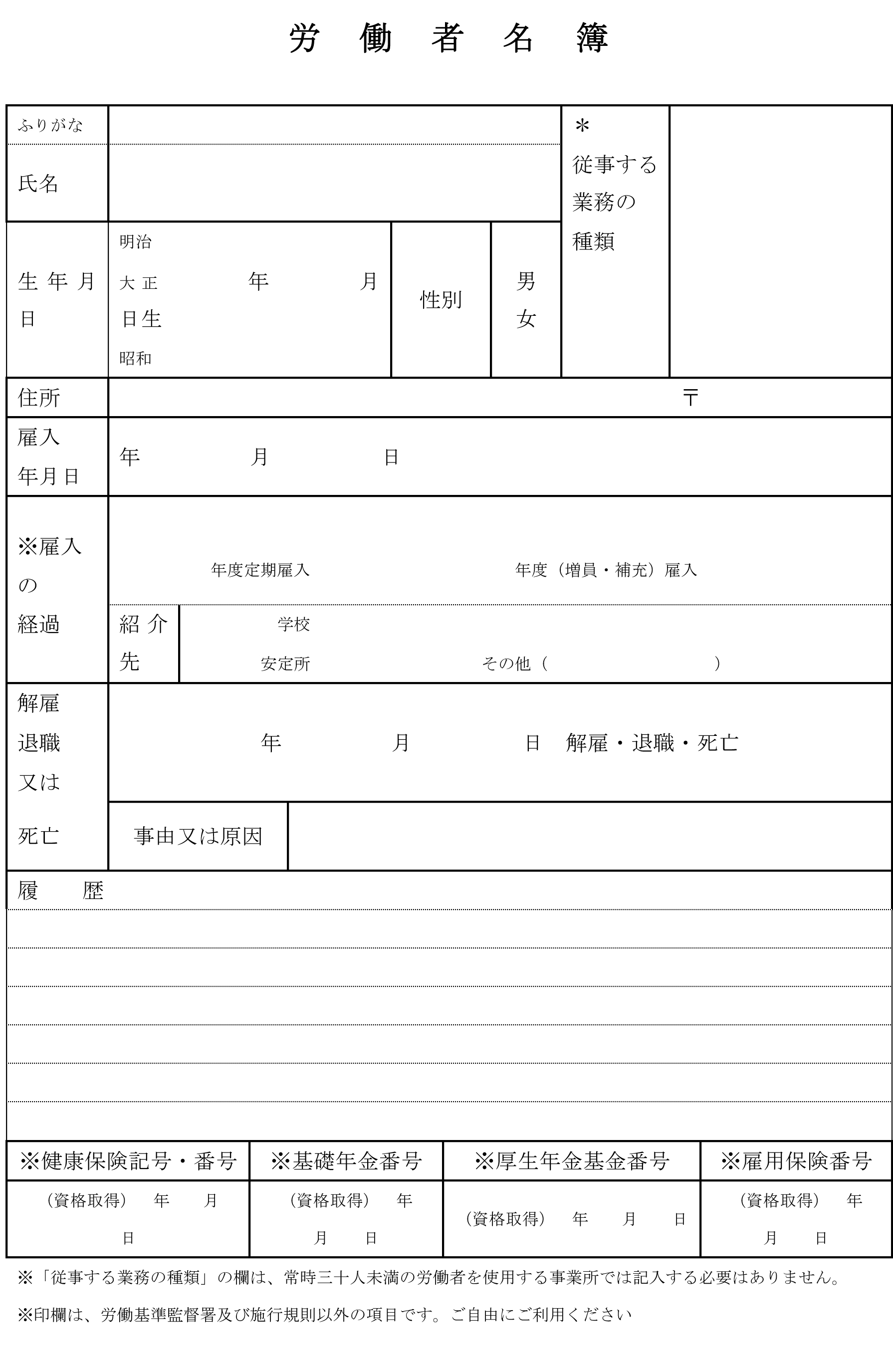 労働者名簿の書式テンプレート Word ワード テンプレート フリーbiz