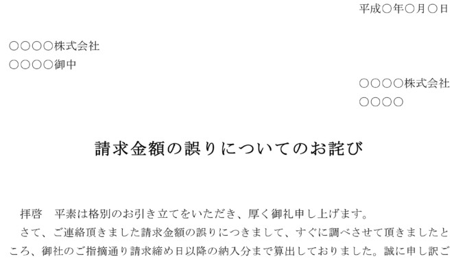 お詫び状 請求金額の誤り の書式テンプレート Word ワード テンプレート フリーbiz