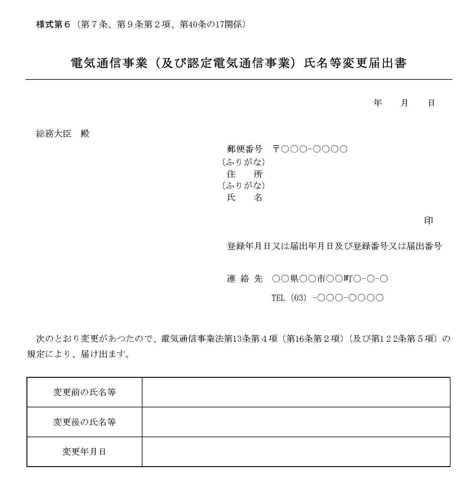電気通信事業（及び認定電気通信事業）氏名等変更届出書