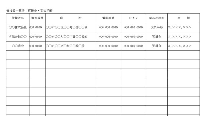 会員登録不要で無料でダウンロードできる債権者一覧表（買掛金・支払手形）のテンプレート書式（Word・ワード）