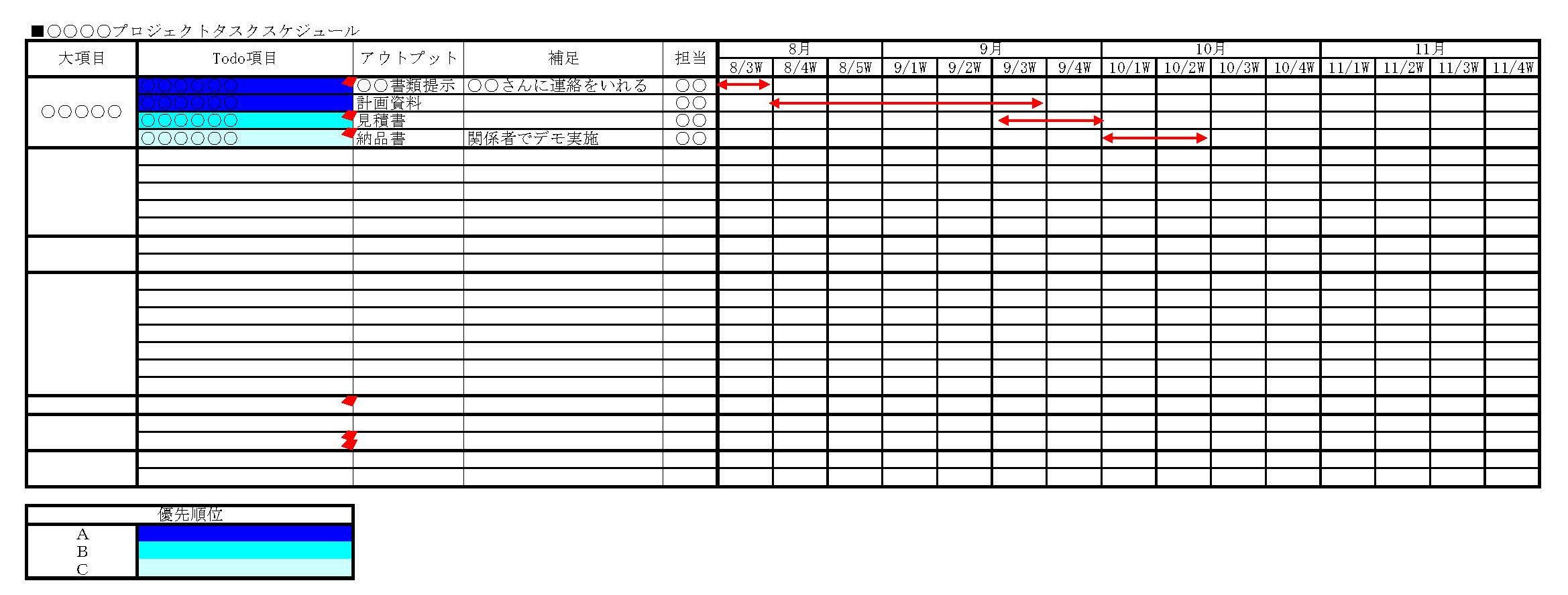プロジェクトスケジュール表のテンプレート書式（Excel・エクセル）