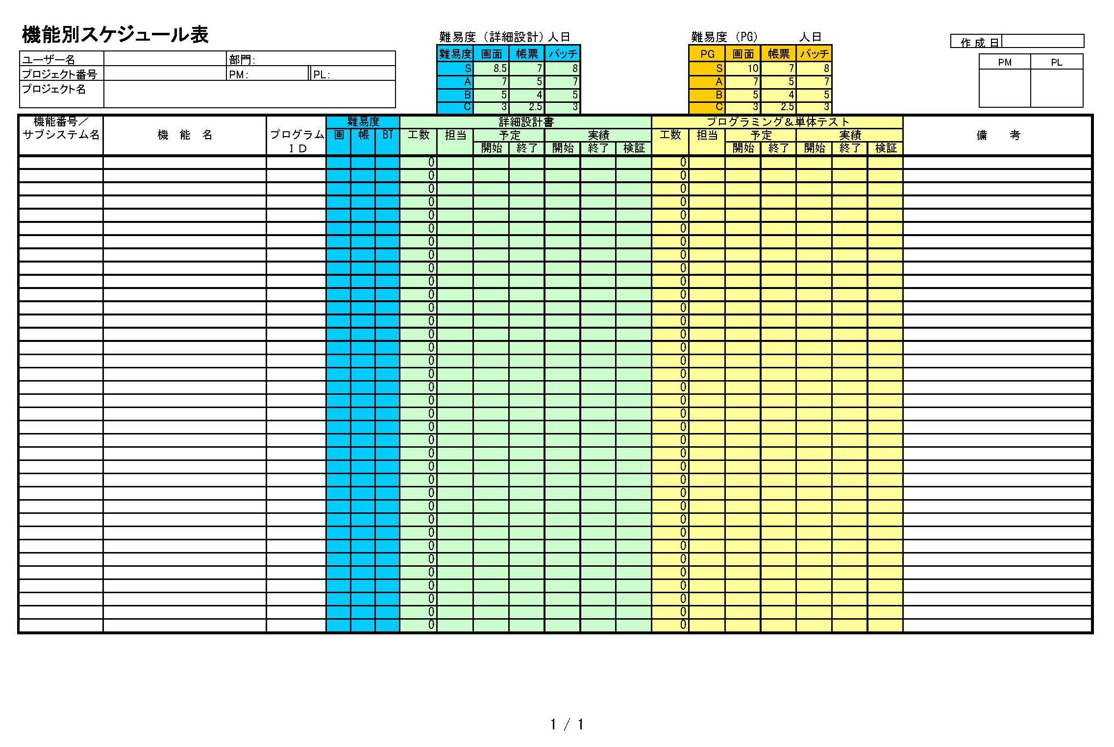 機能別スケジュール表のテンプレート書式（Excel・エクセル）