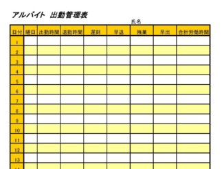 会員登録不要で無料でダウンロードできるアルバイト出勤管理表のテンプレート書式（Excel・エクセル）