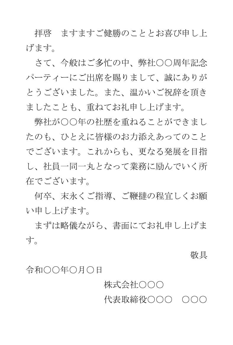 お礼状 パーティ出席 ハガキ の書式テンプレート Word ワード テンプレート フリーbiz