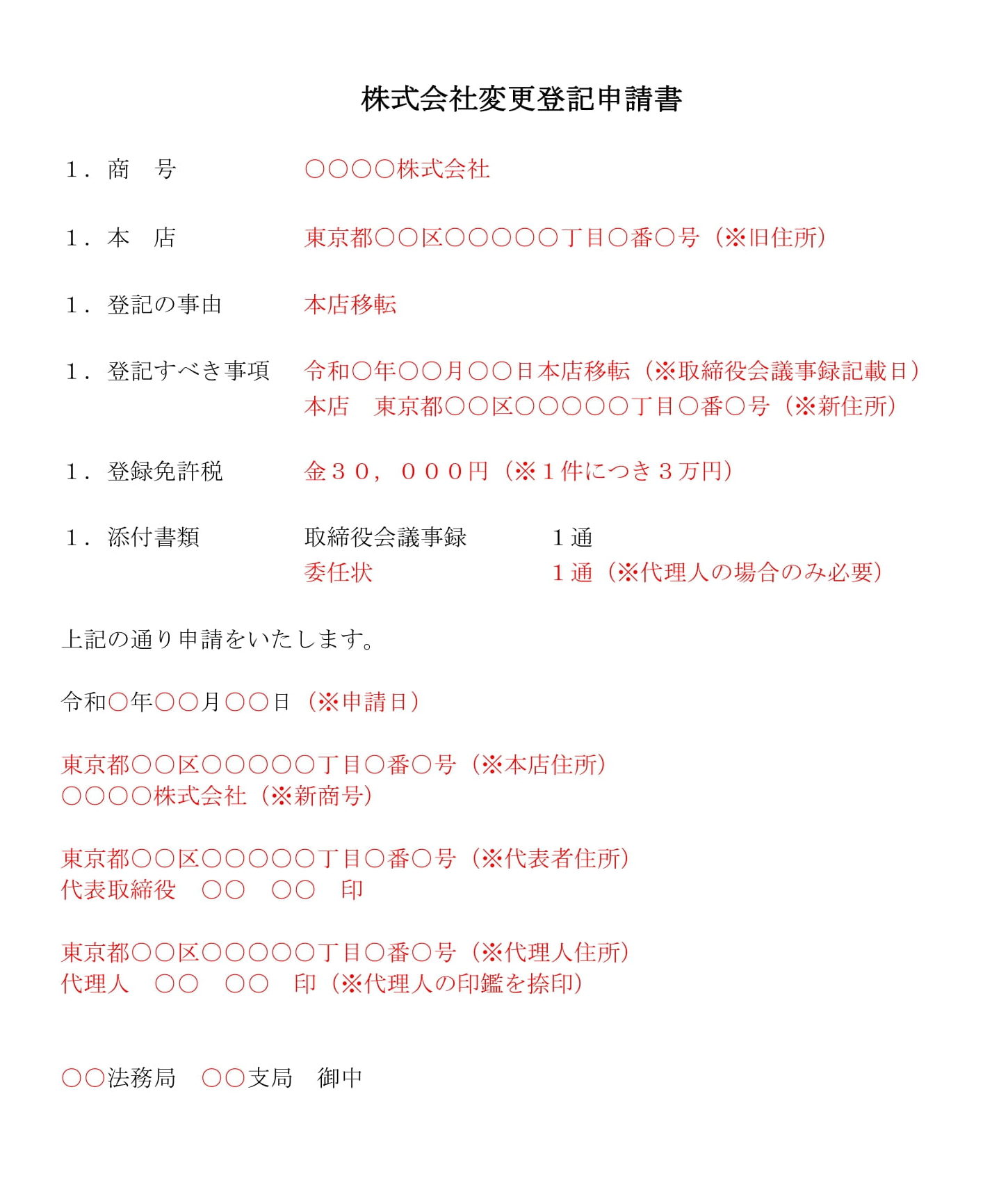 登記申請書（本店移転：登記管轄所内）