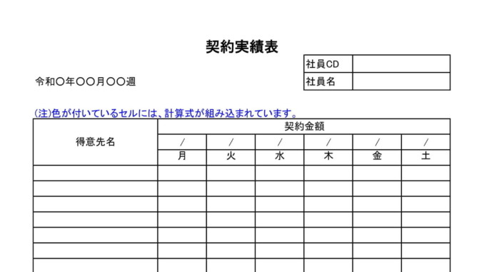 会員登録不要で無料でダウンロードできる契約実績表のテンプレート書式（Excel・エクセル）