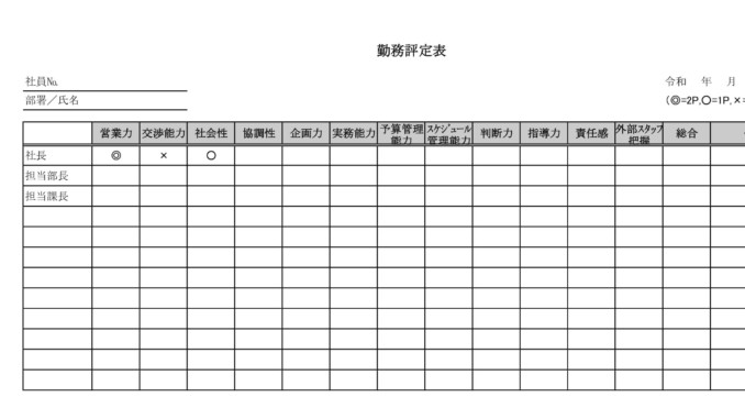 会員登録不要で無料でダウンロードできる勤務評定表のテンプレート書式（Excel・エクセル）