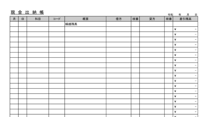 現金出納帳の書式テンプレート Excel エクセル テンプレート フリーbiz