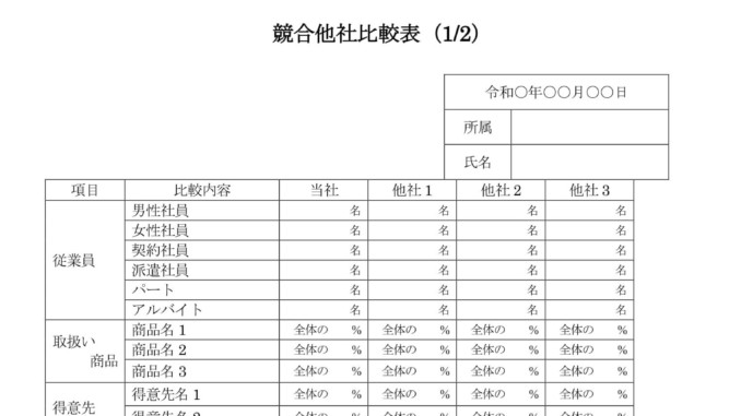 会員登録不要で無料でダウンロードできる競合商品比較表02のテンプレート書式 会員登録不要で無料でダウンロードできる競合商品比較表02のテンプレート書式(Word・ワード)