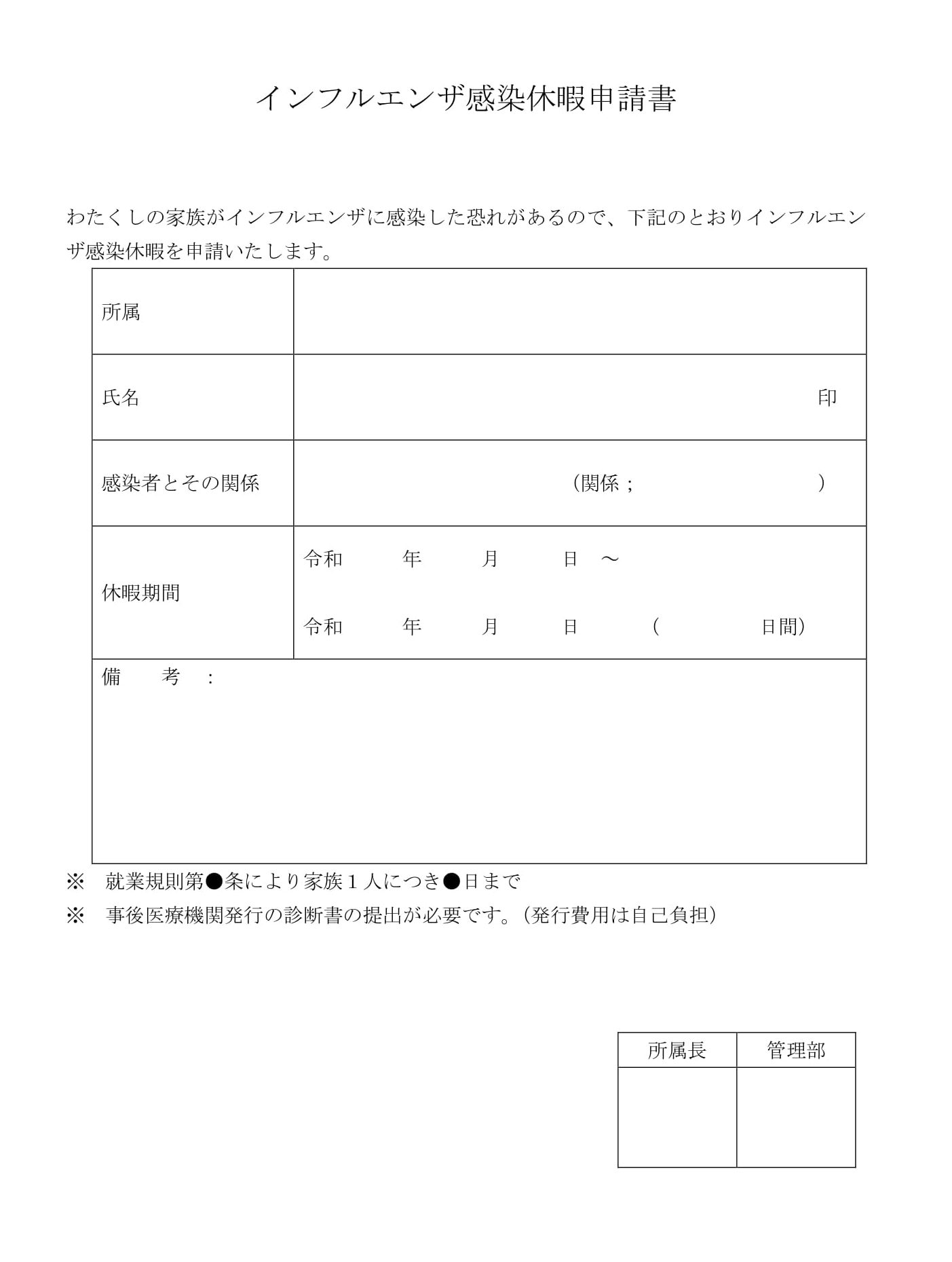 インフルエンザ感染休暇申請書