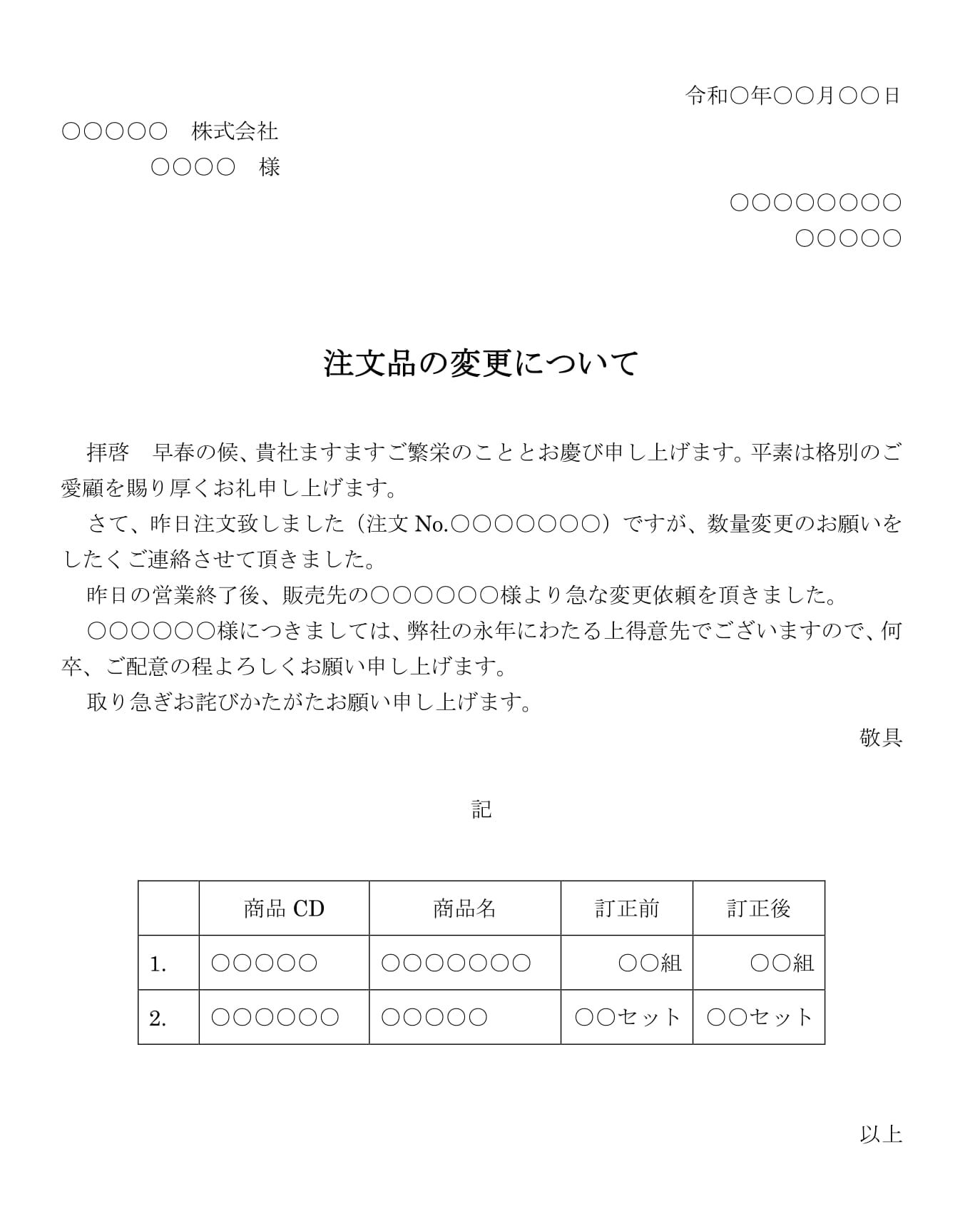 通知（注文品の変更について）