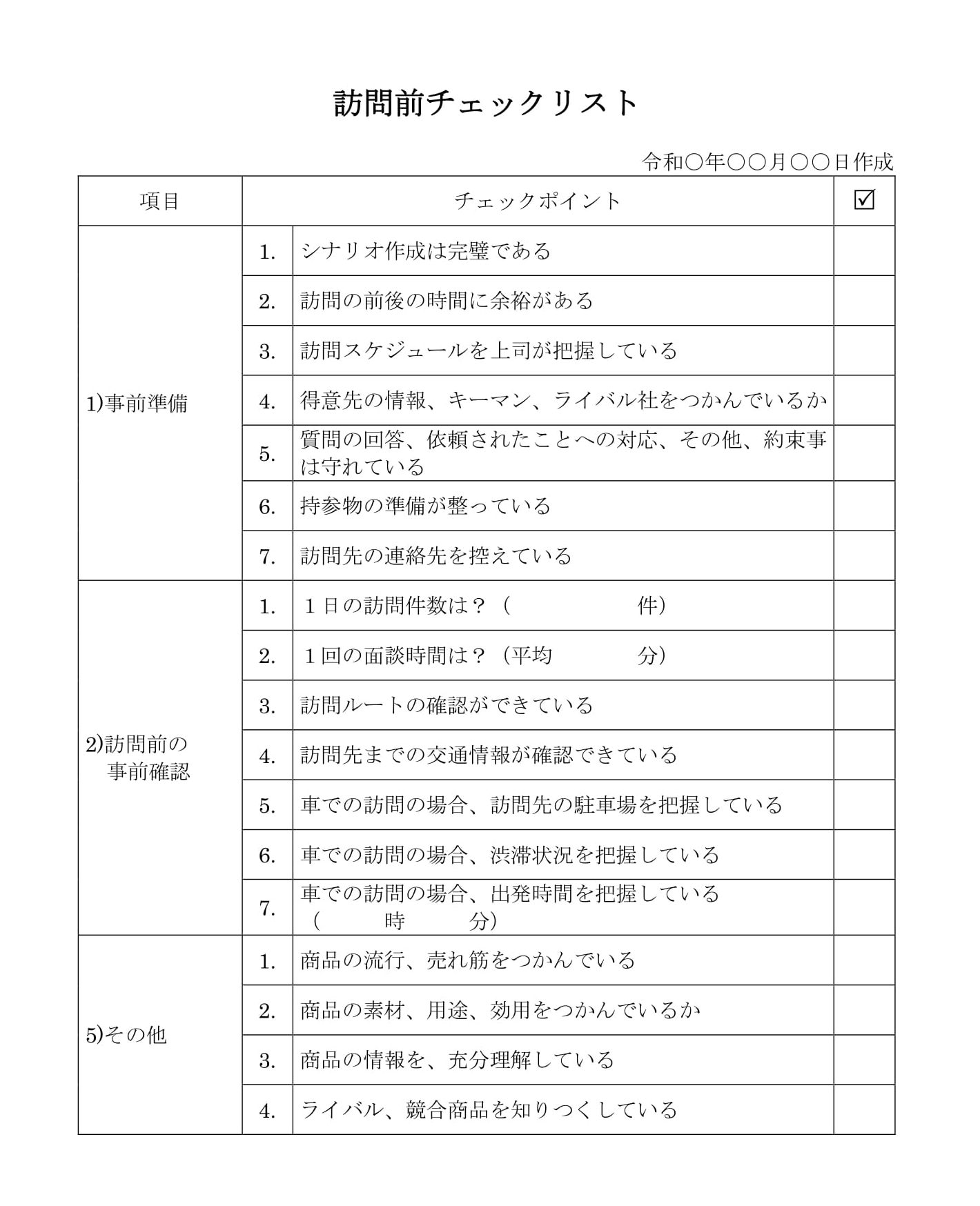 会員登録不要で無料でダウンロードできる訪問前チェックリストのテンプレート書式（Word・ワード）