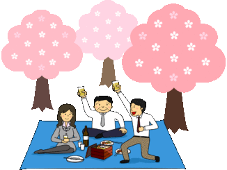 お花見のイラスト04（ブルーのスーツの男性、ベージュのスーツの男性、ライトグレーのスーツの女性）［GIF］