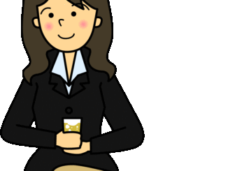 グラスを持つ女性のイラスト02（右側に足を投げ出すブラックのスーツの女性）［GIF］