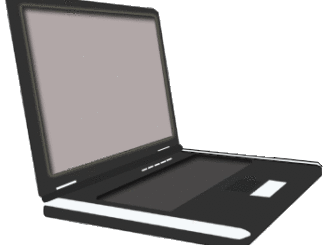 パソコンのイラスト02（開いた状態を横から見たグレーの画面の黒いノートパソコン）[GIF]-350