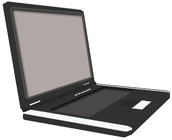 パソコンのイラスト02（開いた状態を横から見たグレーの画面の黒いノートパソコン）[GIF]-350