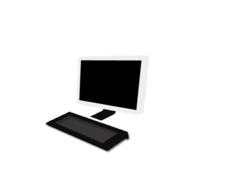 パソコンのイラスト03（横から見た白いデスクトップと黒いキーボード）［JPG］