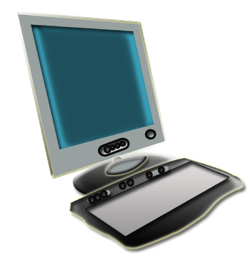 パソコンのイラスト08（横から見た立体的なグレーのモニターとキーボード）GIF