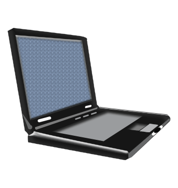 パソコンのイラスト09（開いた状態を横から見た青い画面の黒いノートパソコン）GIF