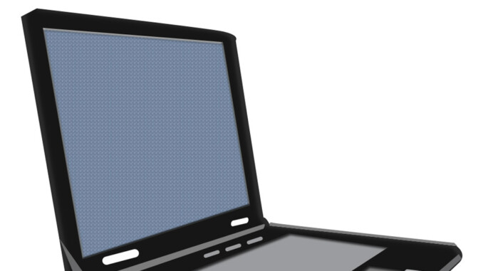 パソコンのイラスト09（開いた状態を横から見た青い画面の黒いノートパソコン）[JPG]-1000