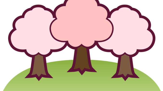 桜のイラスト11（3本の桜の木と丘・縁あり）［JPG］