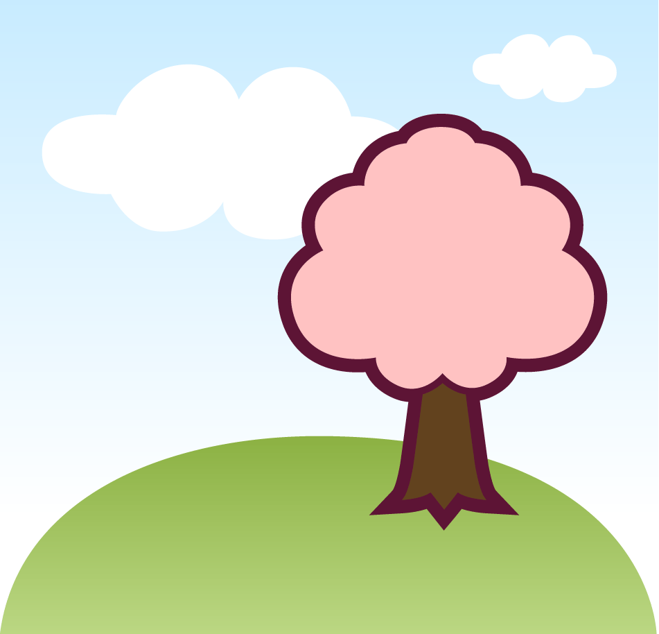 桜のイラスト12（1本の桜の木と丘と空・縁あり）GIF