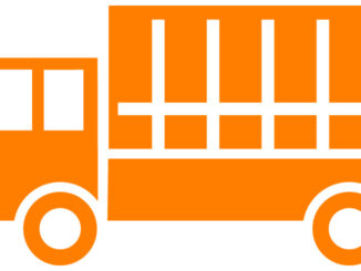 荷台に幌があるトラックのイラスト06（オレンジの幌車・ビコロール配色）［JPG］