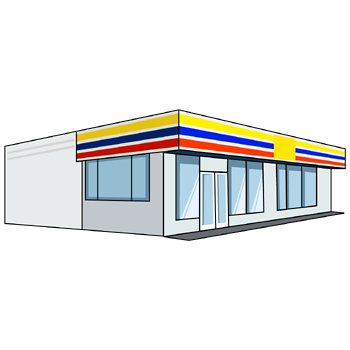 コンビニのイラスト07 イエロー ブルー レッドのラインにホワイトの塀 右向き Png テンプレート フリーbiz