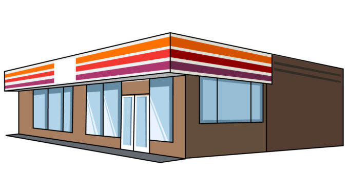 コンビニのイラスト17 オレンジ レッド パープルのラインにブラウンの塀 左向き Jpg テンプレート フリーbiz