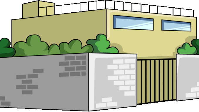 塀のある建物のイラスト11 ベージュのビル 左向き Gif テンプレート フリーbiz