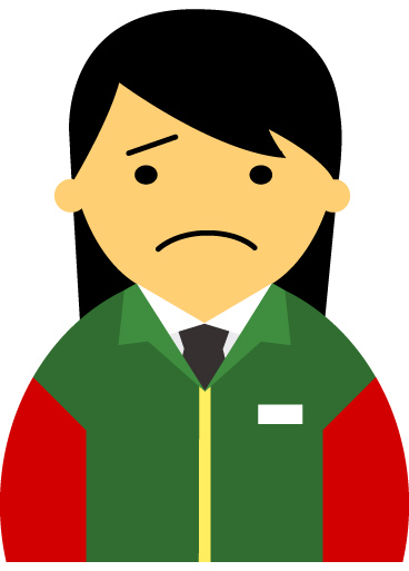 【困った顔】】コンビニ店員女性20代～30代のアイコン06（緑／袖赤・茶髪）JPG
