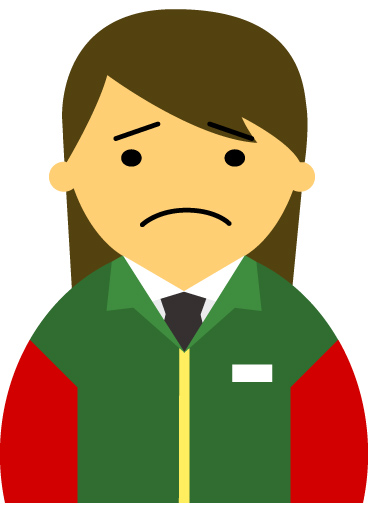 【困った顔】コンビニ店員女性20代～30代のアイコン12（緑／袖赤・茶髪）JPG