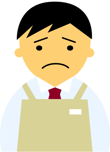 【困った顔】コンビニ店員男性20代～30代のアイコン01（アイボリーのエプロン・黒髪）JPG