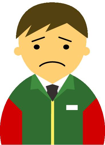 【困った顔】】コンビニ店員男性20代～30代のアイコン06（緑／袖赤・茶髪）GIF