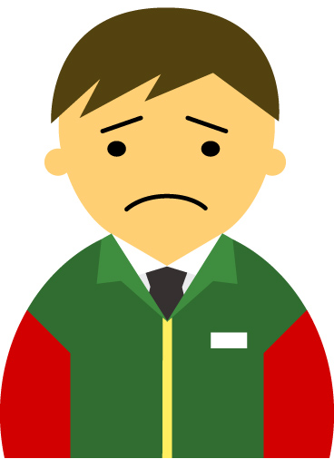 【困った顔】】コンビニ店員男性20代～30代のアイコン06（緑／袖赤・茶髪）JPG