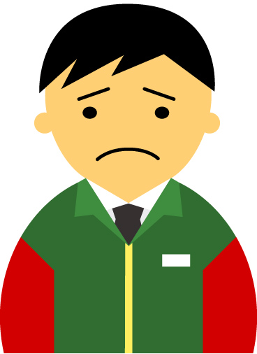 【困った顔】コンビニ店員男性20代～30代のアイコン10（緑／袖赤・黒髪）JPG