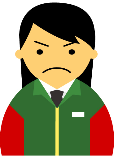 【怒り顔】コンビニ店員女性20代～30代のアイコン06（緑／袖赤・茶髪）JPG