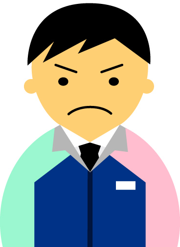 【怒り顔】コンビニ店員男性20代～30代のアイコン05（紺／袖水色ピンク・黒髪）JPG