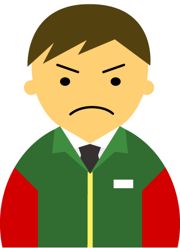 【怒り顔】コンビニ店員男性20代～30代のアイコン06（緑／袖赤・茶髪）JPG