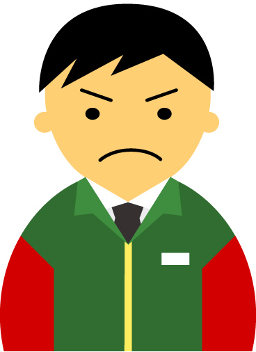 【怒り顔】コンビニ店員男性20代～30代のアイコン10（緑／袖赤・黒髪）JPG
