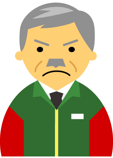 【怒り顔】コンビニ店員男性60代～70代のアイコン06（緑／袖赤）JPG