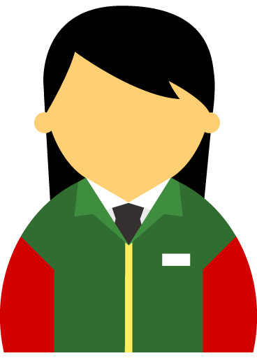 【顔無】コンビニ店員女性20代～30代のアイコン06（緑／袖赤・茶髪）JPG