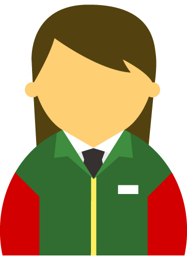 【顔無】コンビニ店員女性20代～30代のアイコン12（緑／袖赤・茶髪）JPG