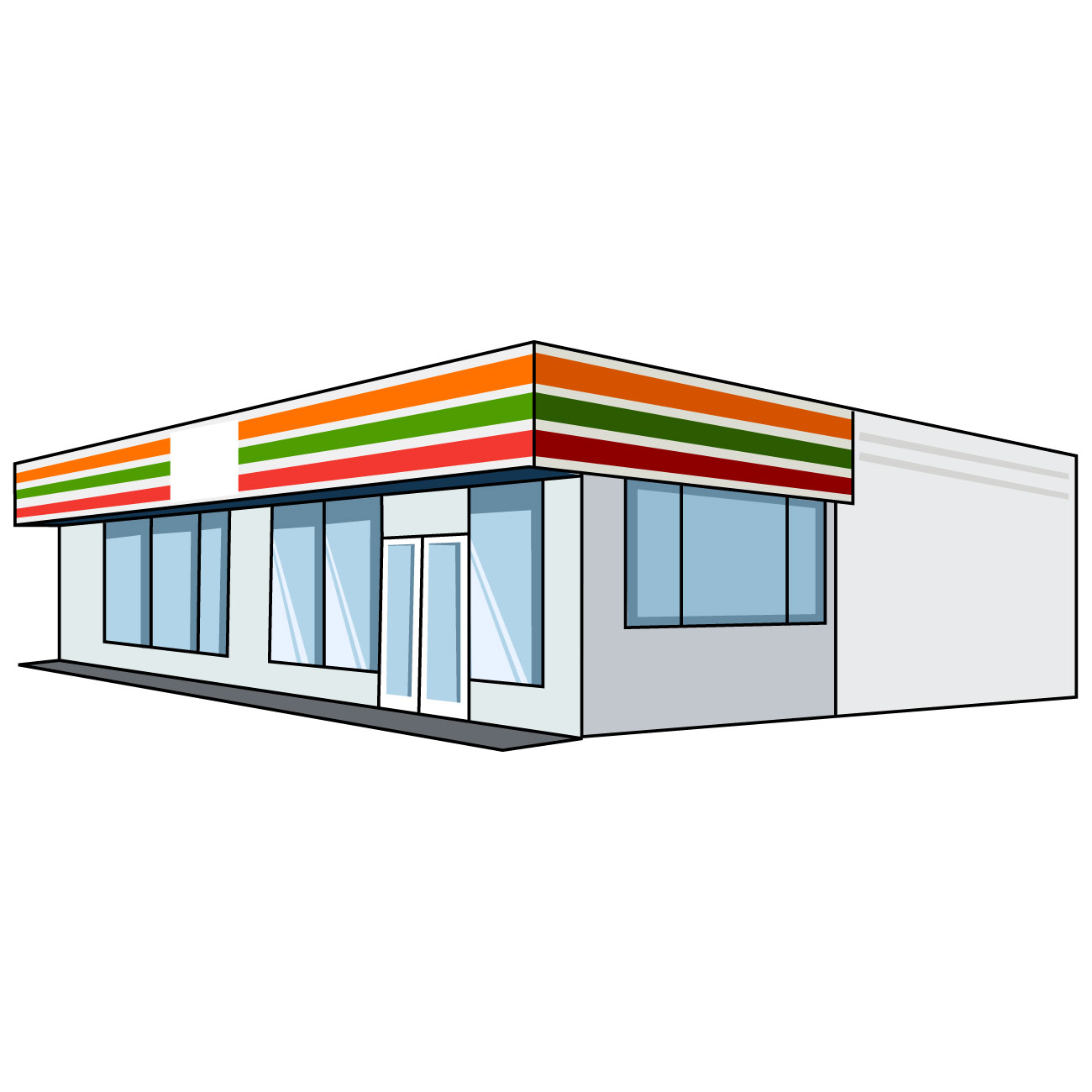 コンビニのイラスト01（オレンジ、グリーン、レッドにホワイトの塀・左向き）JPG